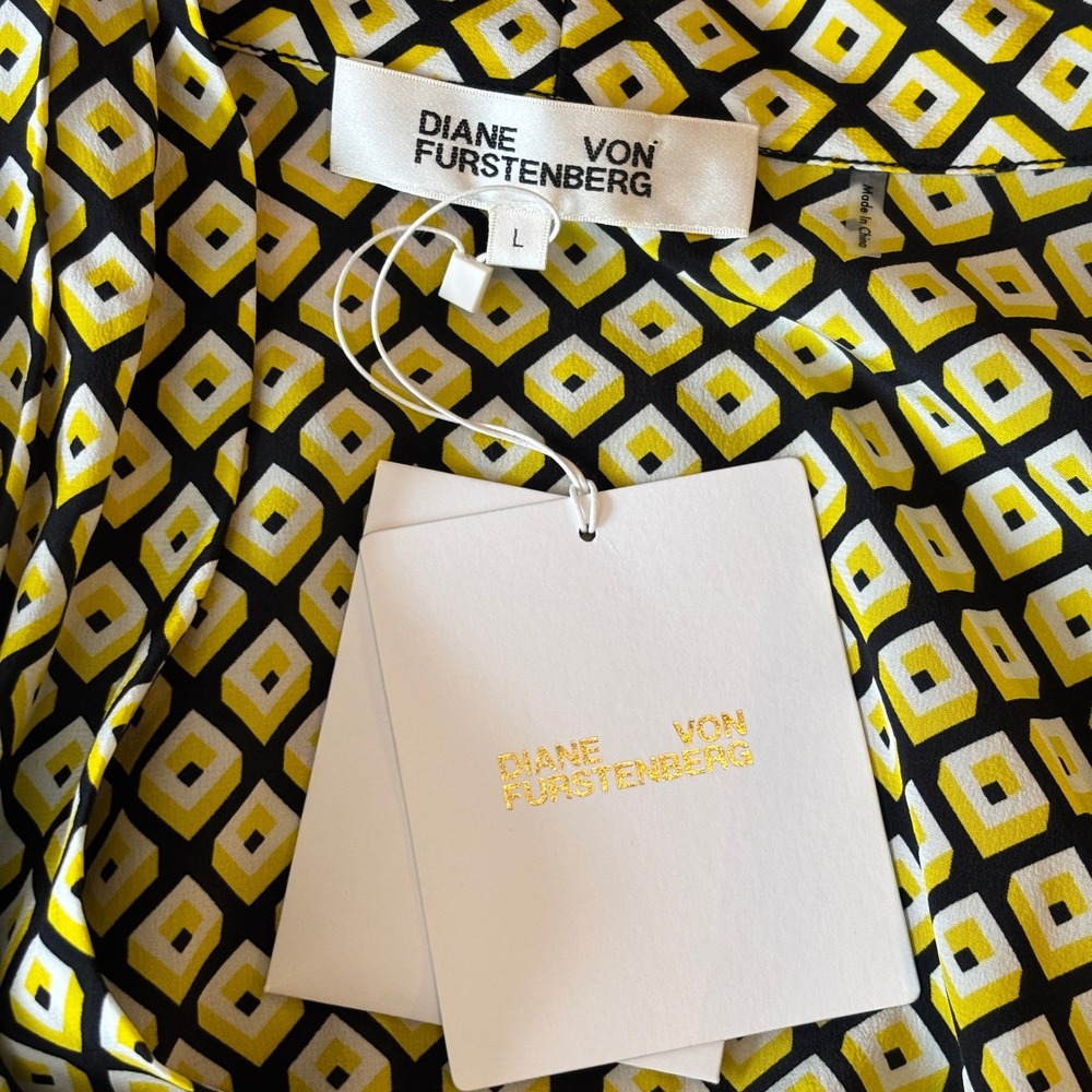 Diane von Furstenberg Silk Yellow Black Geometric Print‎ Long Sleeve Romper Sz L - Picture 6 of 11